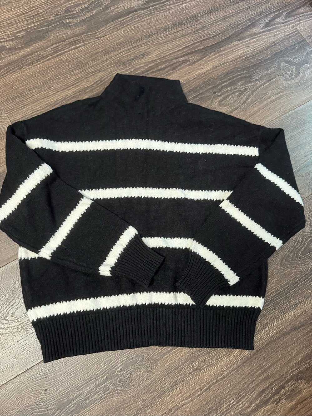 Women’s Greige Black and White Striped Mock Neck Sweater